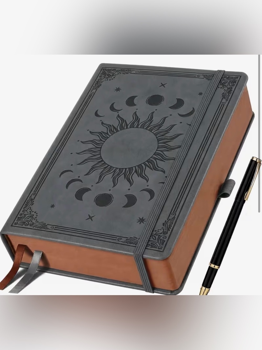 Faux Leather Moon & Sun Embossed Journal – Dark Grey Cover with Gold Brown Edges